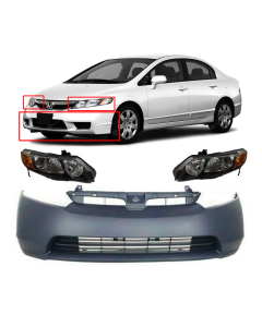 Kit of Front Bumper Cover and LH & RH Headlights Fits Honda Civic Sedan 2006-2008
