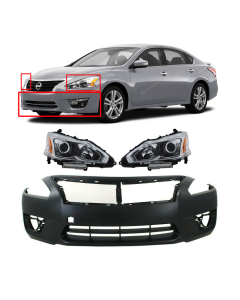 Kit of Front Bumper Cover and LH & RH Headlights Fits Nissan Altima 2013-2015